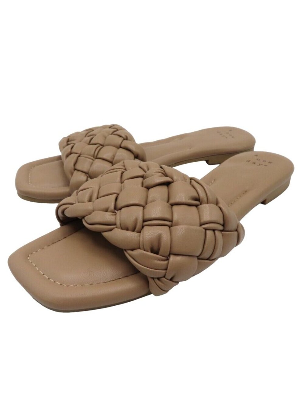 A New Day Womens 7.5 Tan Beige Woven Faux Leather Slide Sandals Slip On Shoes